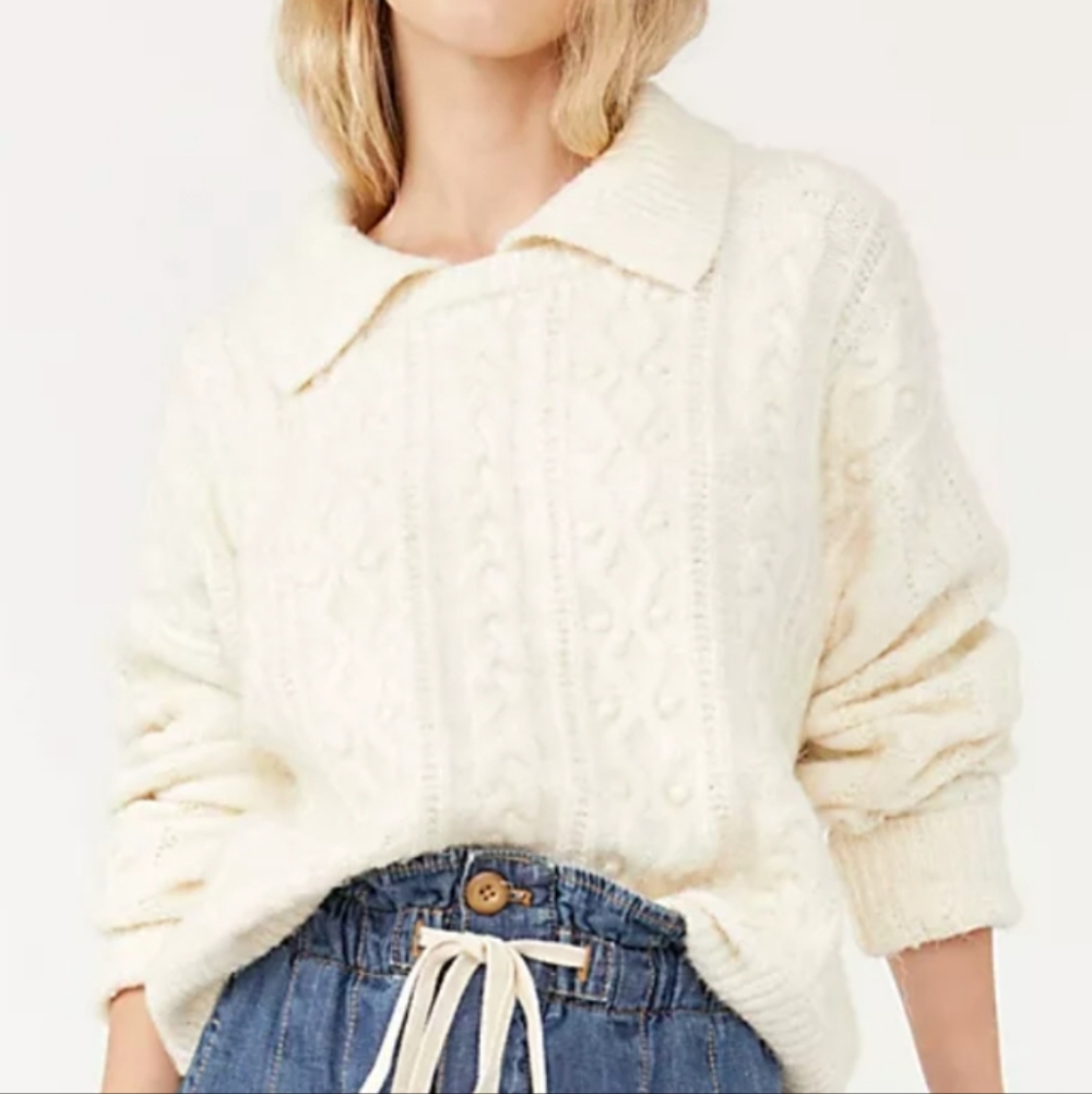 Free People Cloud Pullover Sweater Cable Knit Ivory Large